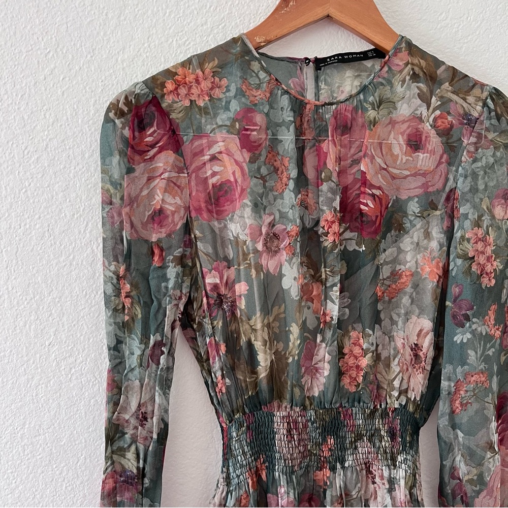Zara Rare Viral Floral Sheer Midi Dress Sz M - Picture 7 of 11